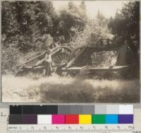 Redwood Region. High wheels used by Mendocino Lumber Company on Big River in 1926. Now parked near foot of Boyles Hill road. The first used in the redwoods. Leif Espenas at wheels. 6-2-40. E. F