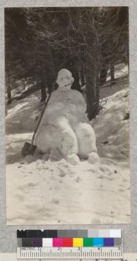 The snowman is surprised to find himself in the girls' camp at Whitaker's Forest, April, 1929. Metcalf