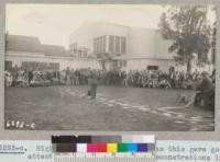 High School assemblies such as this gave good attention to fire protection demonstrations in Merced, Kings, Stanislaus, San Joaquin, Sacramento and Colusa counties. April & May 1942. Metcalf