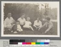 Group at Feather River Experiment Station, Quincy, California, August, 1917. Left to right: Mr. J. A. Mitchell, son and daughter, Mrs. Metcalf and daughter, Mrs. Mitchell and Miss Edwards