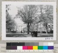 The Library left and Natural Science Building. Sugar maples. Denison University, Granville, Ohio. Metcalf. October 1953