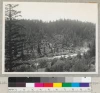 Redwood Region. A small logging area opposite Miranda, view across south fork of Eel River from Redwood Highway. Smith Railroad property. To show how small operators cut holes into larger tracts. Logging not continuous. Started about 1936. 7-14-42. E.F