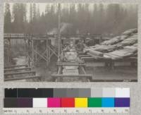 The bundlers work in pairs and are paid by the piece. Lumber is held firmly in the iron clamps by wooden wedges shown in the foreground. Madera Sugar Pine Company. May, 1925