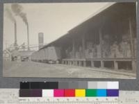 Box factory, showing loading platform and tracks. Blow pipe system and refuse burner in background. McCloud River Lumber Company, McCloud, California. June, 1920. E.F