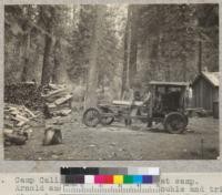 Camp Califorest. Sawing wood at camp. Arnold and Meier in charge. Double and triple stove length bolts in background. Faculty bath to right. Wood shed was moved in line with bathhouse a few days later. 6/13/36. E.F