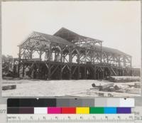 Redwood Region. Sawmill building frame of Sage Land and Improvement Company, Willits, California. Designer and builder - Joseph E. Schobert. Manager - J. J. Ross, Jr. View from Northwest. Equipment and many of the timbers taken from old Glen Blair mill on Pudding Creek to east. To have single band and pony rigs. See 7088. 6/21/42. E.F