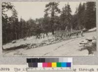 The Kings-Tulare boys hiking through the flat stone country to visit the Forest Service lookout station at Buck Rock. Metcalf. July, 1928