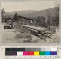 Timbers cut from second-growth redwood from 40 to 50 years old. Cut near Pepperwood. 50' long. Small end 8'', large end 12-16''. Hewed two sides. Cut for garage timbers. E.F. July 20, 1932