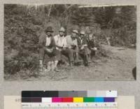 Redwood Utilization Study. Left to right - Orrin Barnes, Harry Barnes, Dimmick, Sammi, Yusk. E. F. July, 1928