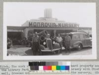 The cork removed from trees at Deigaard property and the Library Park, Monrovia, at Monrovia Nursery with Stockwell, Greenan and Mr. Rosedale, owner of the nursery. Six trees in this vicinity yielded 547.5 pounds of cork