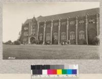 View of the north side of the administration building of the University of Idaho. This is a beautiful brick building, built in gothic style, and reminds one very much of a church