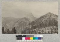 As one goes up the trail to Illilouette Creek, Half Dome gradually loses its sheer appearance and finally looks like a completely rounded peak. The timber on the foreground ridge above Illilouette Falls is mostly Jeffrey and Sugar Pine of which there are some very fine specimens. Insects are doing some damage to the old Jeffrey Pines. Metcalf, 1925