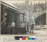 Camp Califorest. The class at end of visit to lumber yard and box factory at Gray's Flat on North Fork of Feather River. Office of Meadow Valley Lumber Company. June 1936. E.F