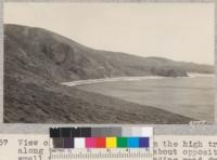 View of Point Sal Beach from the high trail along the point at a point about opposite the small rocky island. The winding road from Santa Maria comes over the hills at the left of the picture, while that from Orcutt follows the bench on which is seen a nearby ranch protected by cypress trees. Metcalf. November, 1928