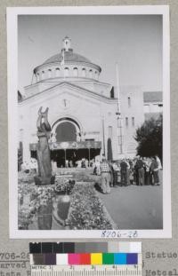 Main Building and Statue carved of redwood. (Bufano?) State Fair. September 1955. Metcalf