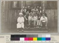 The class of 1926 at Camp Califorest, Aug. 1926. In the picture on the top step are Follett, Clar, and Bunger. Second step- Clements, Freeman, Bower, Ahlf. Next lower step- Norton, Sinclair, Flynn; Next lower- Orr, Harris. Next lower step- Fred Douglas the chef, Harper, Collins