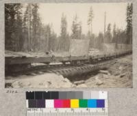 Type of car used by Yosemite Lumber Company. Showing calk-head to hold logs on incline. 1923