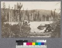 Silver Lake near Spanish Peak. Dead Lodgepole around edge caused by damming up the lake. George and Carl getting ready for a swim