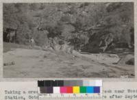 Taking a cross section of Tehachapi Creek near Woodford Station, October 1932. High water here after September flood averaged 11 ft. deep and 180 ft. across the surface. Metcalf