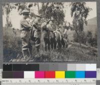 Faculty Hike in Berkeley Hills, spring 1919. Left to right: Collins, Kupfer, Cruess, McCharles, Gregg, Stowe