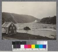 Looking down Salmon River across log pond to saw mill plant of Pejepscot Paper Company, New Brunswick. The large logs are sawed into "deals" and the small ones are cut into pulpwood. 1919