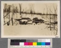 The camp. From left to right lie the cookhouse, the van, on the other side of the road, and the bunk house. At the extreme right just the corner of the stable shows. The camp was built some years before when the work was closer by but at the time photo was taken was two miles away. The men walked out in the morning and in at night but dinner was carried out to them. The crew averaged 35 to 40 men, the majority of whom were French Canadians