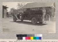 New rural fire truck purchased by Tehama County for two supervisor districts near Corning. Weighs over 7000 lbs. loaded and the Chevrolet chassis is much too light. Metcalf. 1928