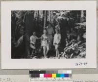 Tulare Senior 4-H Camp, Whitaker's Forest 1952. Skip, Frances Wilson, Jim Andreas, Nancy Stratton, Dickie Wilson and Virginia Andreas. Metcalf. July 1952