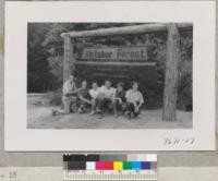 Tulare Senior 4-H Camp group at sign. Skip, Frances, Dickie, Jim, Virginia. Metcalf. July 1952