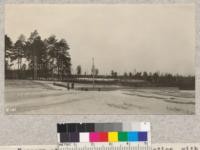 Nursery at Cloquet Forest Experiment Station, with stand of Red Pine in background, seed bed area foreground. Concrete compost tank in center