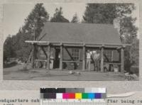 Headquarters cabin at Whitaker's Forest after being rebuilt in 1933 at cost of $800. Ralston and Charles Crose, the caretaker for winter of 1933-34. Metcalf