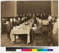 Univ. of Calif. Forestry Alumni Dinner International House, Berkeley, Calif. Dec. 19, 1935. At speaker's table: left to right Geo. M. Cornwall, Editor, The Timberman; Prof. E. B. Babcock, Prof. of Genetics, U. of C.; Dr. E. P. Meinecke, Bureau of Pathology, U.S.D.A. San Francisco; Dr. W. L. Jepson, Prof. of Botany, U. of C. (Principal speaker); Prof. Emanuel Fritz, Assoc. Prof. of Forestry, U. of C. (Toastmaster); Wm. B. Augustine, '30, Retiring Pres. U. of C. Forestry Alumni Association, U.S. National Park Service; Mr. T. D. Woodbury, Asst. Regional Forester, U.S. Forest Service, San Francisco; Dr. E. C. Van Dyke, Prof. of Entomology, U. of C.; Prof. Walter Mulford, Head Div. of Forestry, U. of C. At center table: left side, front to rear Leo Meyer '15; Harvey L. Hansen '17; Ansel F. Hall '17; Fred. V. Holmes '14; R. E. Burton '15; Knowles Ryerson '17; A. E. Wieslander '14 At center table, right side H. S. Yates Ph.D. '12; W. W. Wagener (not a charter member) ex '21, MS '28, Ph.D. '33 (Yale); Max Leonard '16; Orville Miller '16; Paul Keen '14; F. B. Herbert '14; R. E. Noddin '12; Wm. P. Smidt ex '14; J. T. Saunders '12