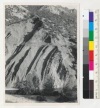 Inverted rock strata on Cache Creek, Lake County, California. 3 miles west of Rumsey. 9-10-42, E.F