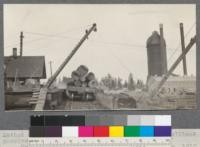 Method of unloading log cars into pond. Note bulkhead made of massive concrete where car is spotted. McCloud River Lumber Company, McCloud, California. June, 1920. E.F