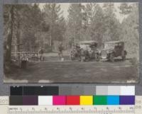 One of the splendid camping sites in the Forest Service camp ground at Lake Tahoe. This area of 24 acres was given to the Government by Mr. William Kent. It has accomodations for 150 machines, running water, tables, shower baths etc. Screens of trees are left between the camp sites insuring shelter and privacy