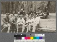 Class in Big Basin, State Redwood park, 1920. Top row: Pemberton, Davis, Downes, Hiscox. Mid. Row: Tissot, Serex, Oliver, Mr. Burton, Gerhardy, Merriam. Front row: Prof. Metcalf and boys from Mr. Burton's high school class