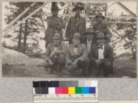 Group at the new sixty-foot lookout tower in Placer County, May 1930. Watts, Metcalf, and McCallum in front row; Frost and Sharp in back row