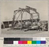 Redwood truss for school rooms. Earthquake resistant. Tested with sacked cement by California Redwood Association at E. K. Wood Lumber Company's Oakland yard. April, 1934. E. F