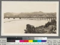 Bridge over the Salinas River at King City, Monterey County, California, showing bad erosion and efforts to stop it. This bridge, which is now nearly a mile long, has been lengthened several times as the east bank has been washed out during successive high water periods. 1916