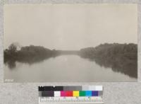 The Roanoke River, boundary between Virginia and North Carolina from the highway bridge at Norlina. The river is deep and quiet here and flows between banks covered with typical southern hardwood species. May, 1924
