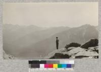 Looking across the Kaweah River at the high peaks from Moro Rock. Metcalf. July, 1928