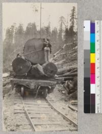 Redwood Utilization Study. Crawford Buell scaling experimental area logs on car at landing. October 1929, E.F