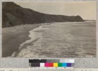 The beautiful crescent of Point Sal Beach looking south. Note how evenly the breakers come in on the gentle slope of the sand. The bathing is excellent here and should be very safe. Metcalf. November, 1928