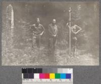 Gerhardy, Merriam, and Drew doing level work. Califorest Camp, 1920