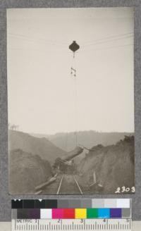 View of lines and carriage Greenwood logging system, showing use of pike poles in loading directly onto car. D. Bruce - Oct. 1922. 4.3241