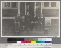 The Forest Faculty, University of California. December 1915. On steps of the Forestry Bungalow. Left to right; Mulford, Metcalf, Pratt, Mason, Bruce