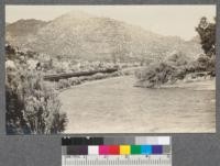 Entering Royal Gorge, Arkansas River. D & R. G. [Denver & Rio Grande Railroad] from west. Taken from train. 1913