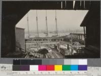 Looking out over Humboldt Bay toward Eureka from top of log haul-up. 4 master loading lumber. Hammond Lumber Company, Samoa, California. May 28, 1920. E. F