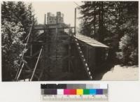 Headquarters Cabin under construction at Mendocino Woodlands demonstration recreation project in redwood cut-over lands along Big River, Mendocino County. 1937. Metcalf