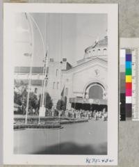 Flag retreat in front of main building at California State Fair. Metcalf. August 1952